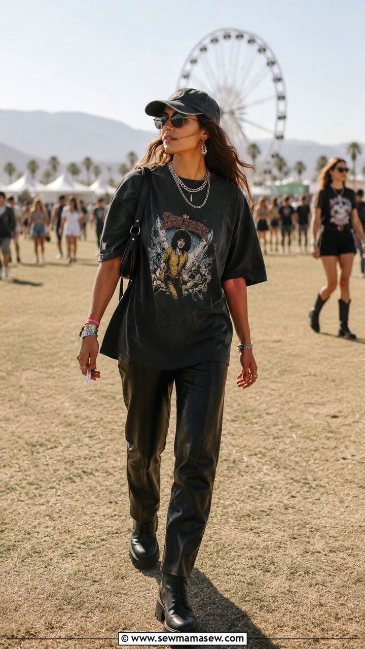Oversized Vintage Tee And Leather Pants Look - 20 Coachella weekend 1 outfit ideas 2026