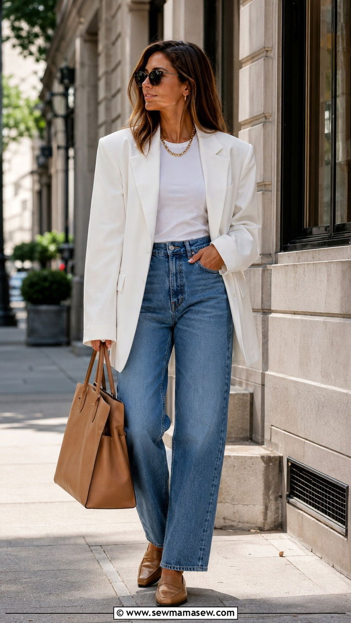 Oversized White Blazer and Relaxed Denim Outfit - 30 Spring work capsule wardrobe
