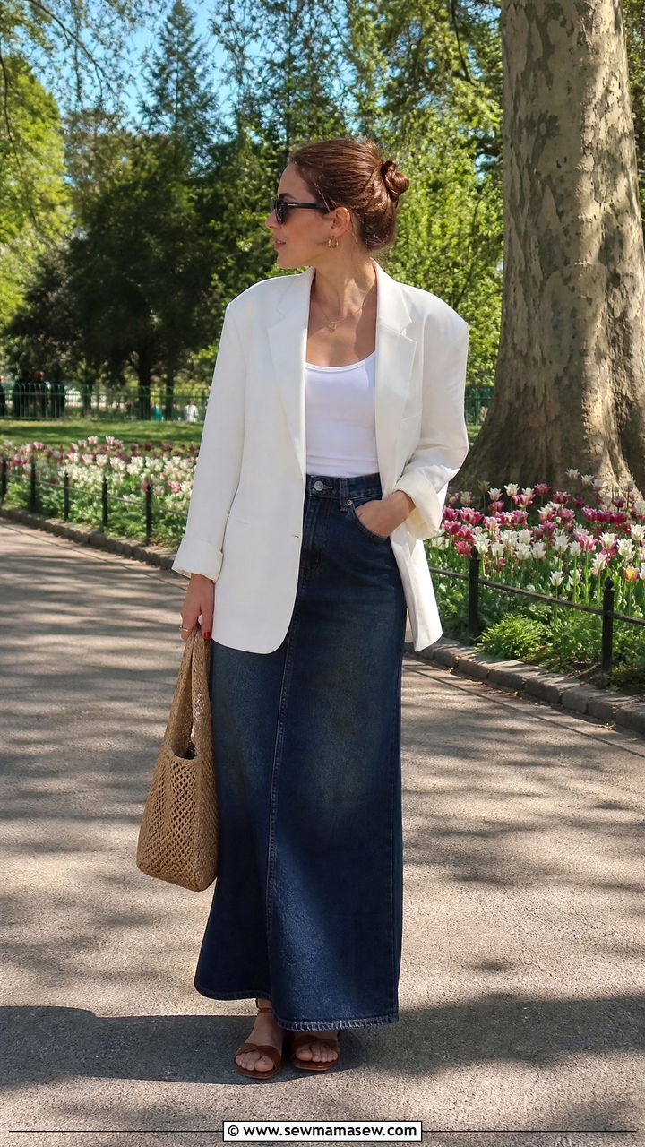 Oversized White Blazer with Denim Maxi Skirt Outfit - 30 Oversized blazer outfit ideas with a skirt
