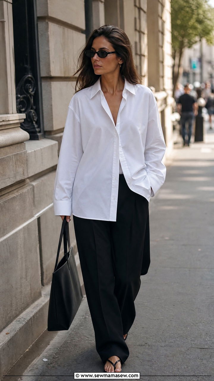 Oversized White Button Down Shirt With Black Wide Leg Pants - 25 Quiet luxury outfit ideas The Row style
