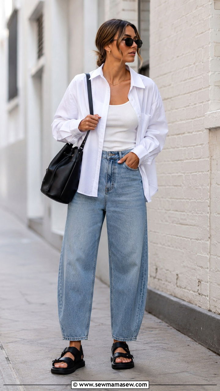 Oversized White Button Down With Barrel Jeans and Chunky Sandals - 25 Barrel jeans outfit ideas with a button down