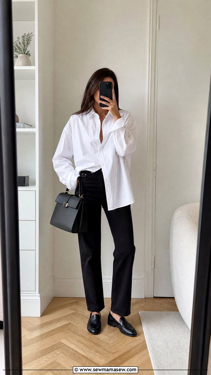 Oversized White Button Down With Black Straight Leg Jeans - 30 Modest outfit ideas with oversized shirt