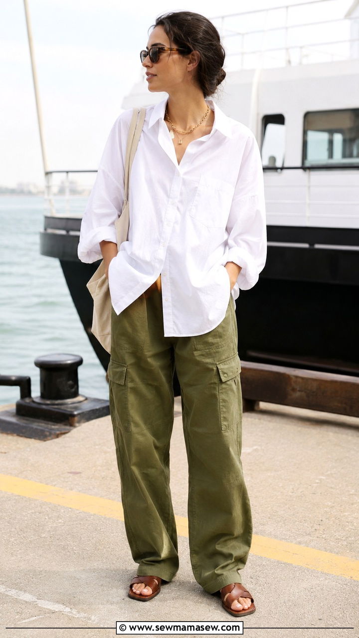 Oversized White Button Down With Cargo Pants Outfit - 20 cute coastal grandmother outfits