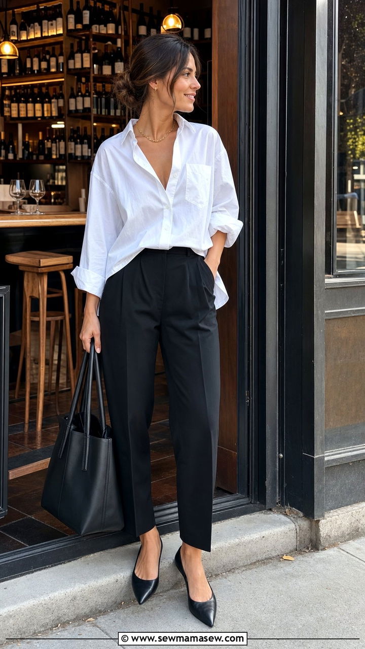 Oversized White Button Down With Relaxed Black Trousers - 25 dinner outfits aesthetic