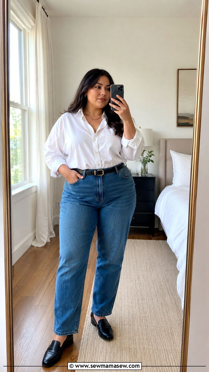 Oversized White Button Down With Straight Leg Jeans and Loafers - 25 Plus size outfit ideas clean girl