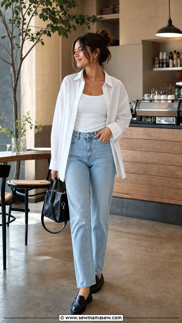 Oversized White Button Down With Tank Straight Leg Jeans and Loafers - 25 Early April outfit ideas