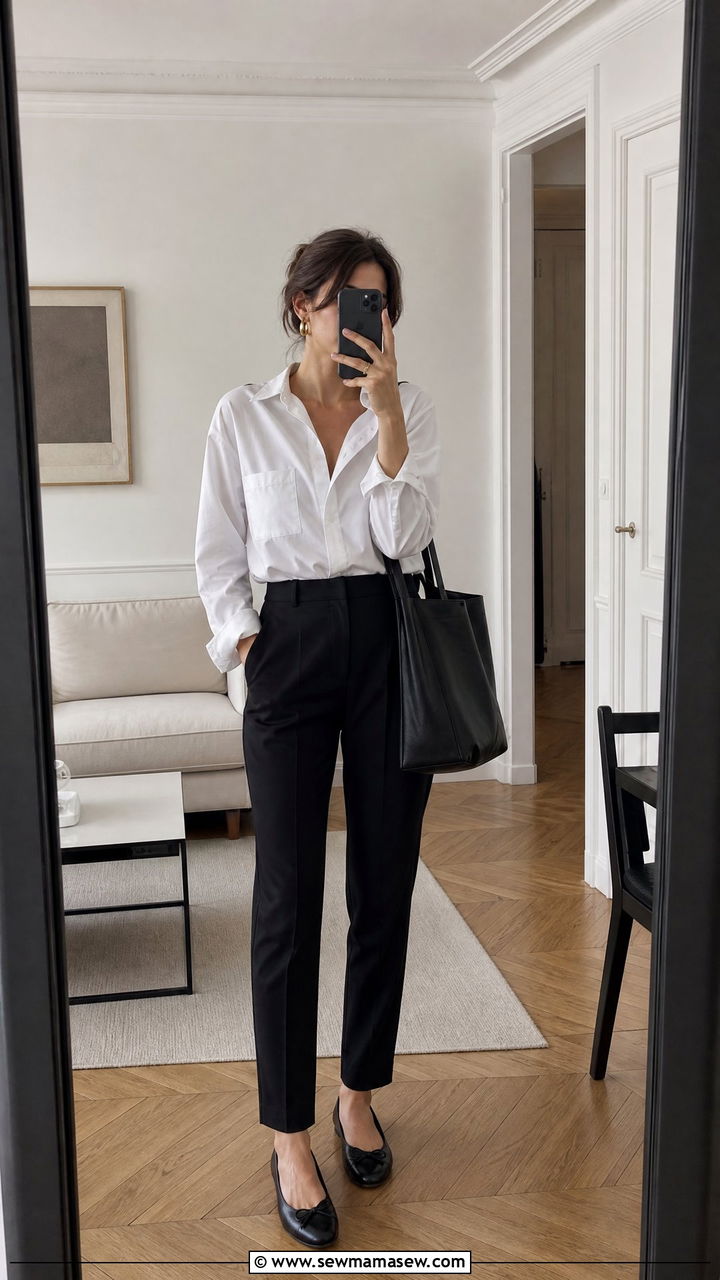 Oversized White Button Down with Black Trousers and Ballet Flats - 30 French girl outfit ideas minimalist