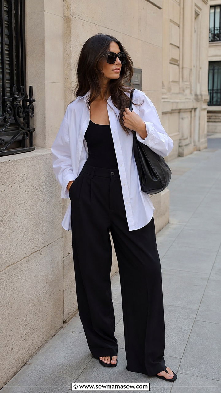 Oversized White Button Down with Black Wide Leg Pants - 25 Wide leg black pants outfit ideas with a button down