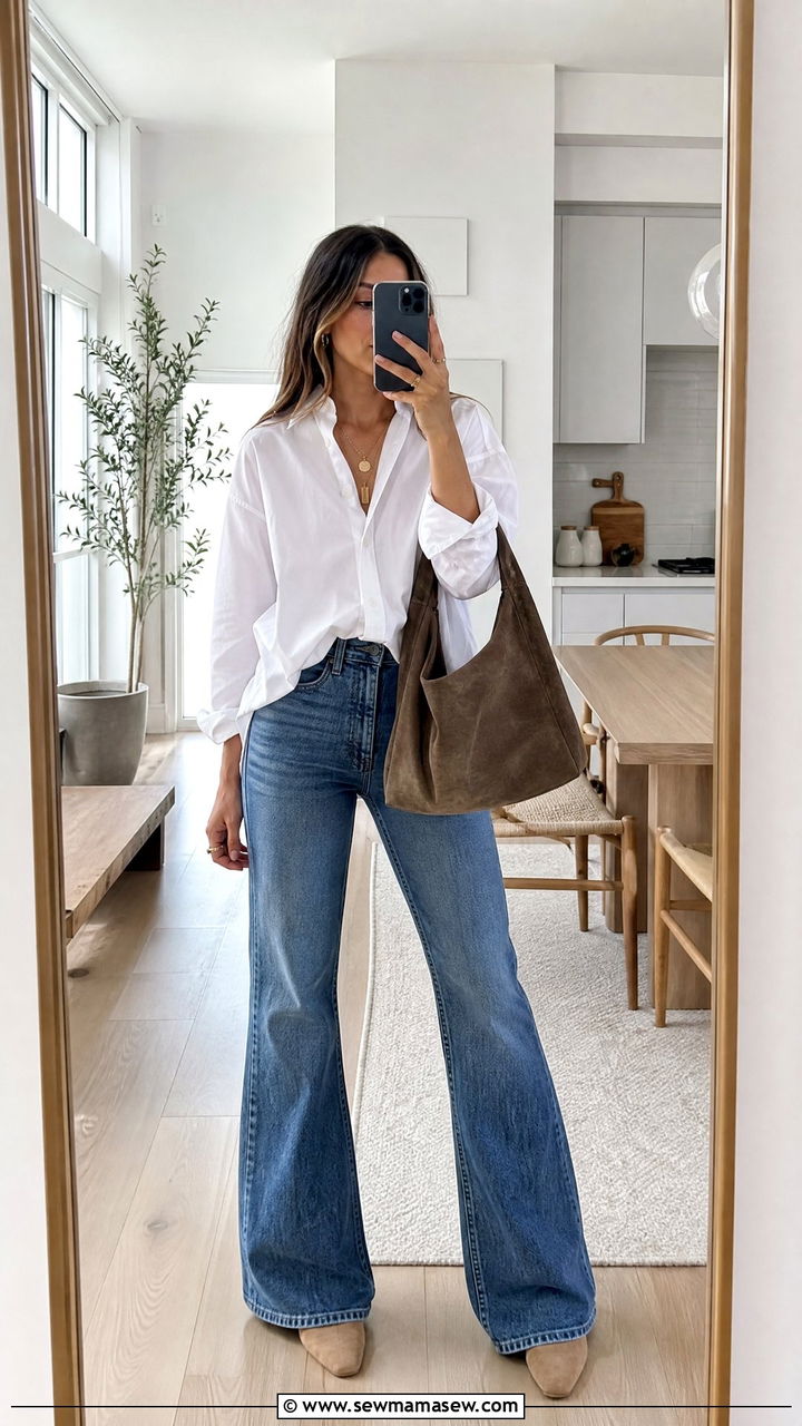 Oversized White Button Down with Medium Wash Flare Jeans and Mules - 30 Flare jeans outfit ideas with a button down