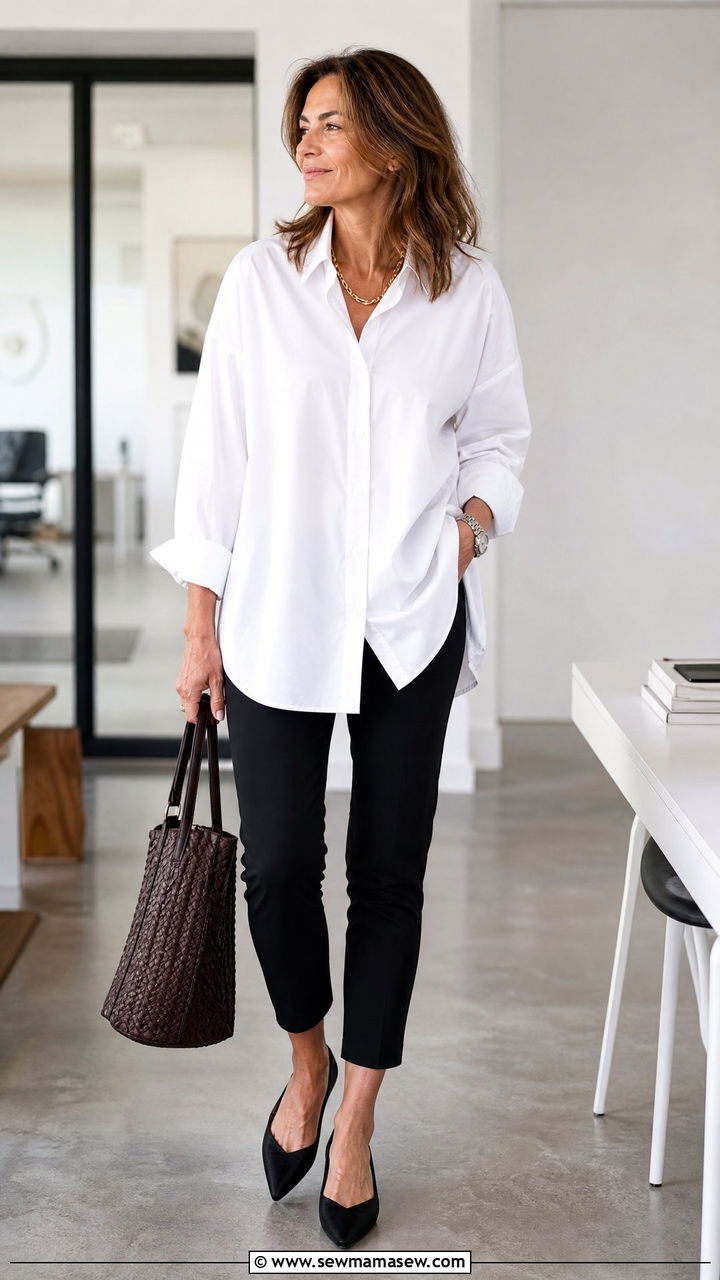 Oversized White Poplin Shirt With Black Cropped Pants Women Over 40 - 35 Minimalist outfits for women over 40