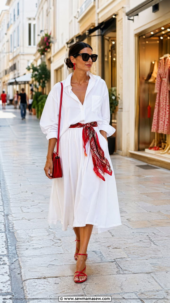 Oversized White Shirt With Flowing Midi Skirt And Red Waist Scarf - 35 European summer outfits to copy