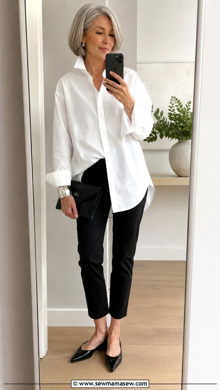 Oversized White Shirt With Slim Black Pants - 30 Minimalist outfits for women over 50