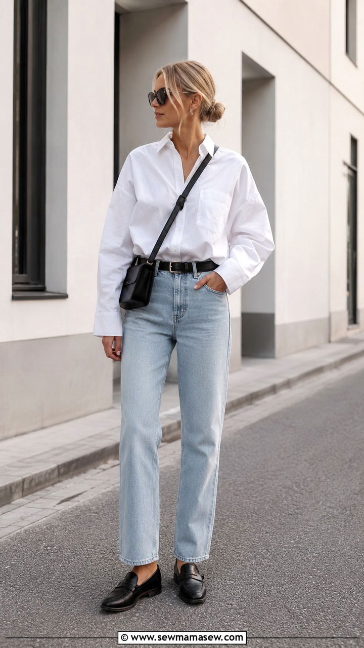 Oversized White Shirt With Straight Leg Jeans - 30 Scandi minimalist outfit ideas