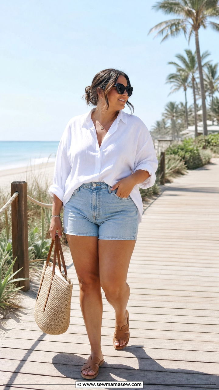 Oversized White Shirt and Denim Shorts Summer Look - 30 Clean girl outfits plus size