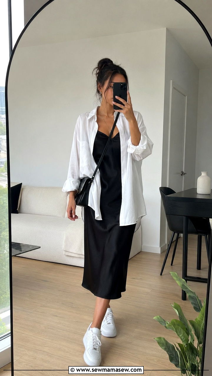 Oversized White Shirt and Slip Dress Outfit - 30 casual parisian outfits