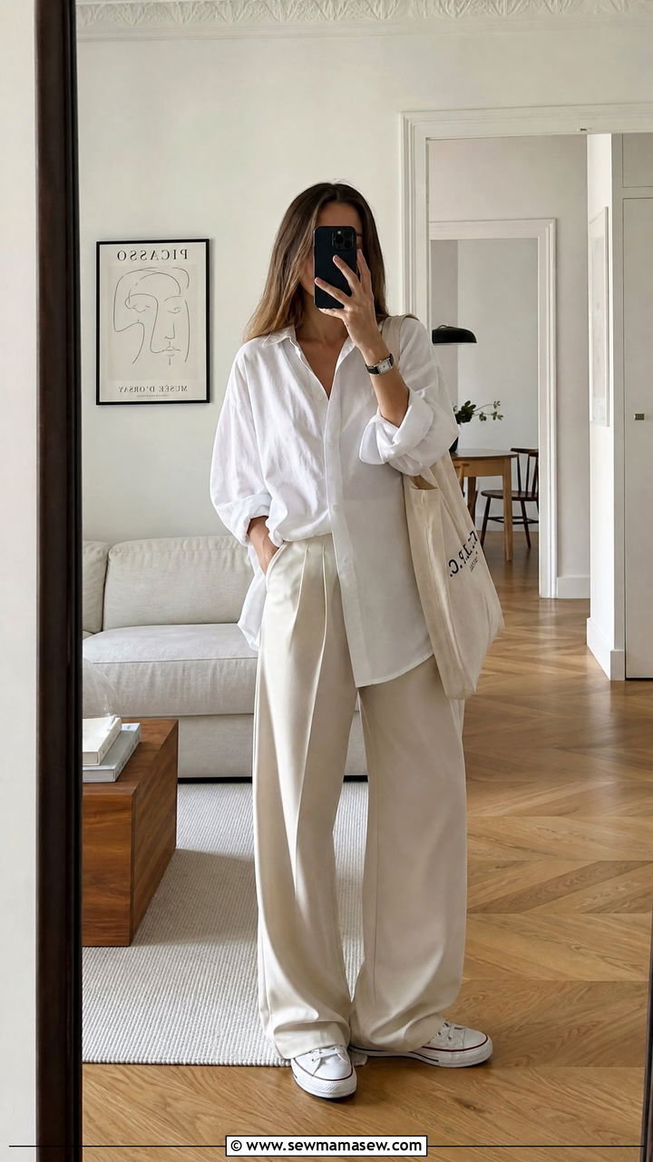 Oversized White Shirt and Wide Leg Pants Outfit - 25 French girl outfit ideas Jane Birkin