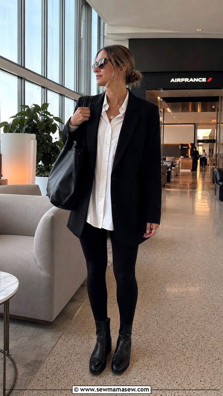 Oversized White Shirt with Black Leggings and Longline Blazer - 30 classy scandinavian outfit ideas