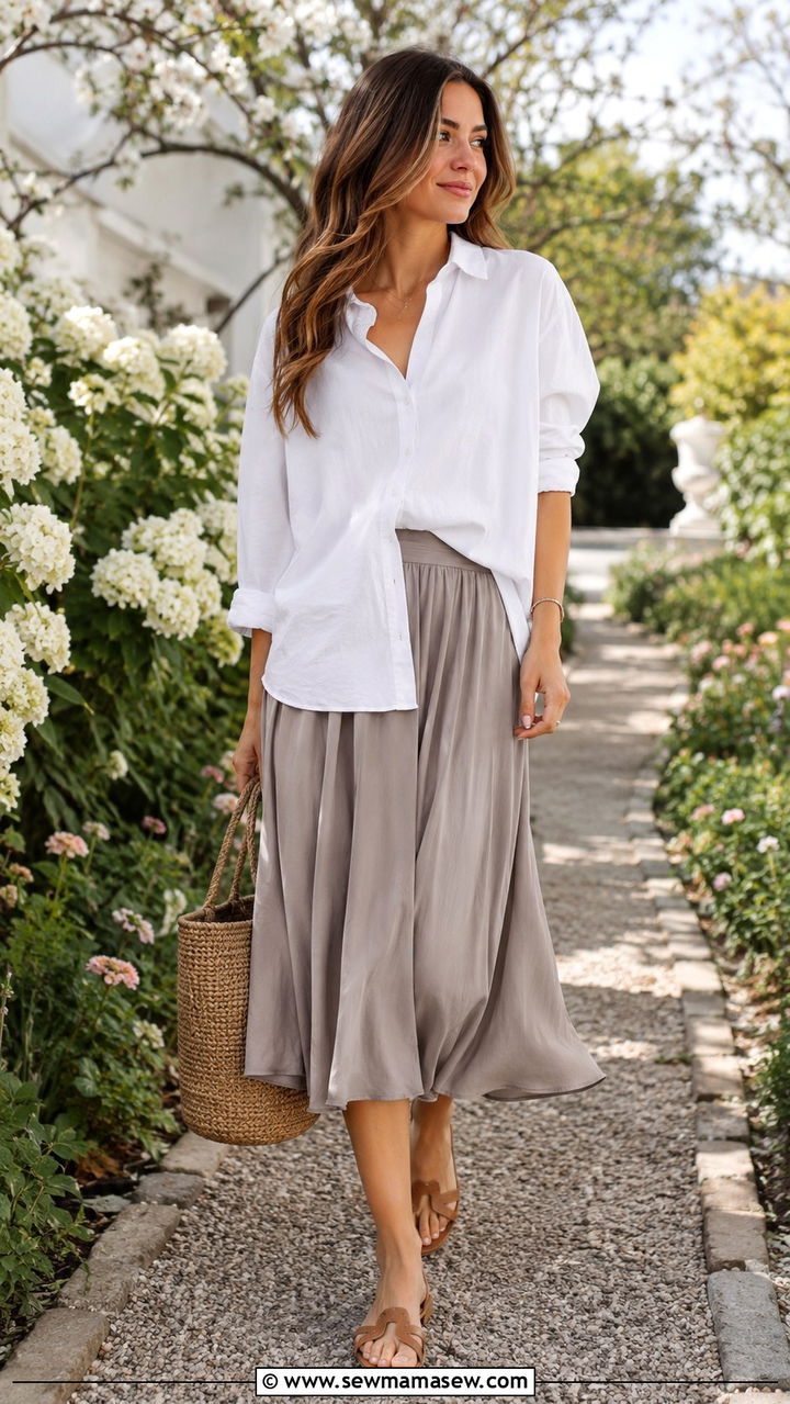 Oversized White Shirt with Flowing Midi Skirt - 20 Relaxed spring outfit ideas 2026