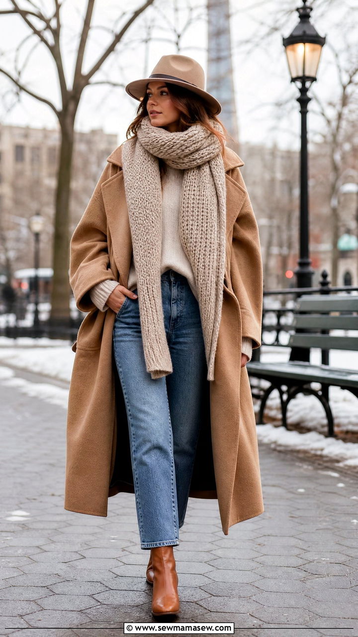Oversized Wool Coat With Chunky Scarf And Straight Leg Jeans - 35 Hygge outfit ideas
