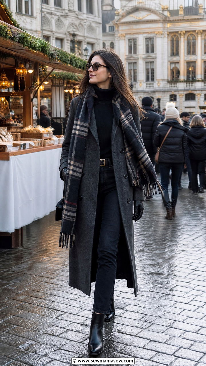Oversized Wool Coat with a Turtleneck Dark Jeans and Leather Boots - 25 Brussels outfit ideas