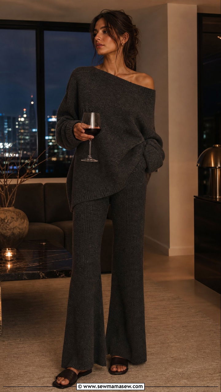 Oversized Wool Sweater With Ribbed Knit Flared Trousers - 30 French girl loungewear outfit ideas