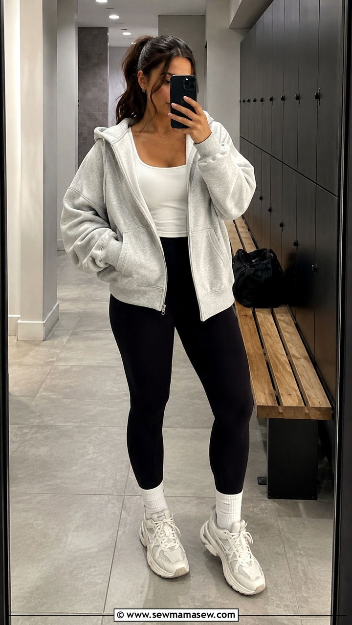 Oversized Zip Hoodie With Black Leggings and Trainers - 25 Personal trainer outfit ideas