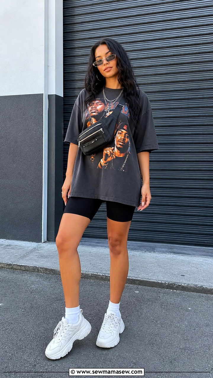 Oversized band tee and biker shorts - 30 cute summer concert outfits