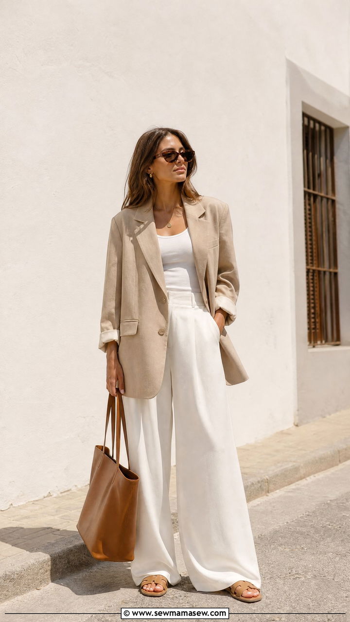 Oversized beige blazer with white wide leg pants - 25 chic oversized blazer outfit ideas