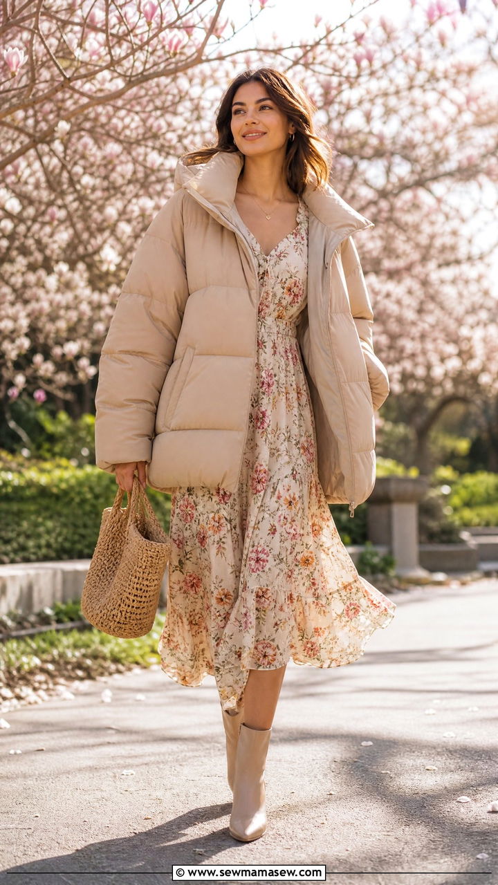 Oversized beige puffer jacket with floral midi dress - 25 Spring outfits with puffer jacket