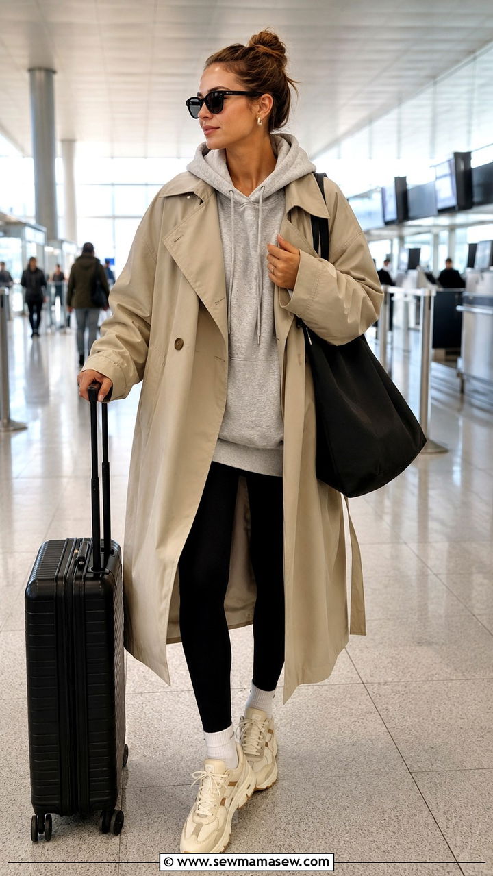 Oversized beige trench coat with retro sneakers hoodie and leggings - 30 Long trench coat outfit ideas with sneakers