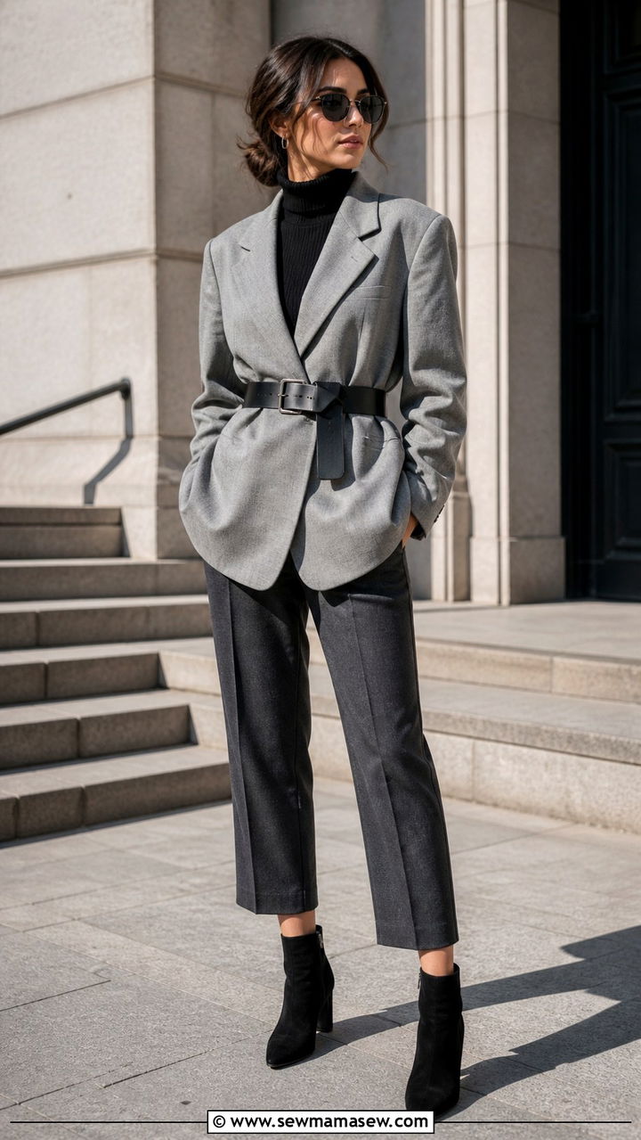 Oversized belted blazer outfit with trousers - 40 belted blazer outfit ideas