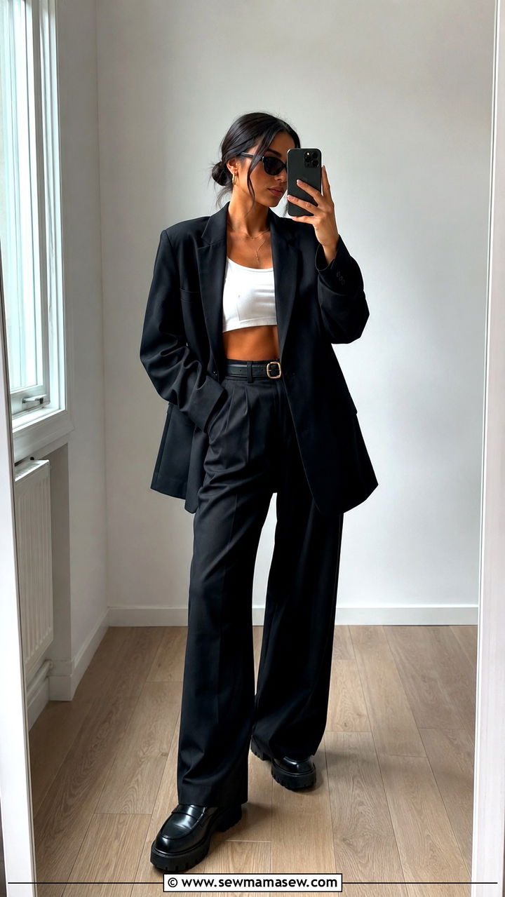 Oversized black blazer with a white crop top and chunky loafers - 25 Wide leg black pants outfit ideas with a blazer