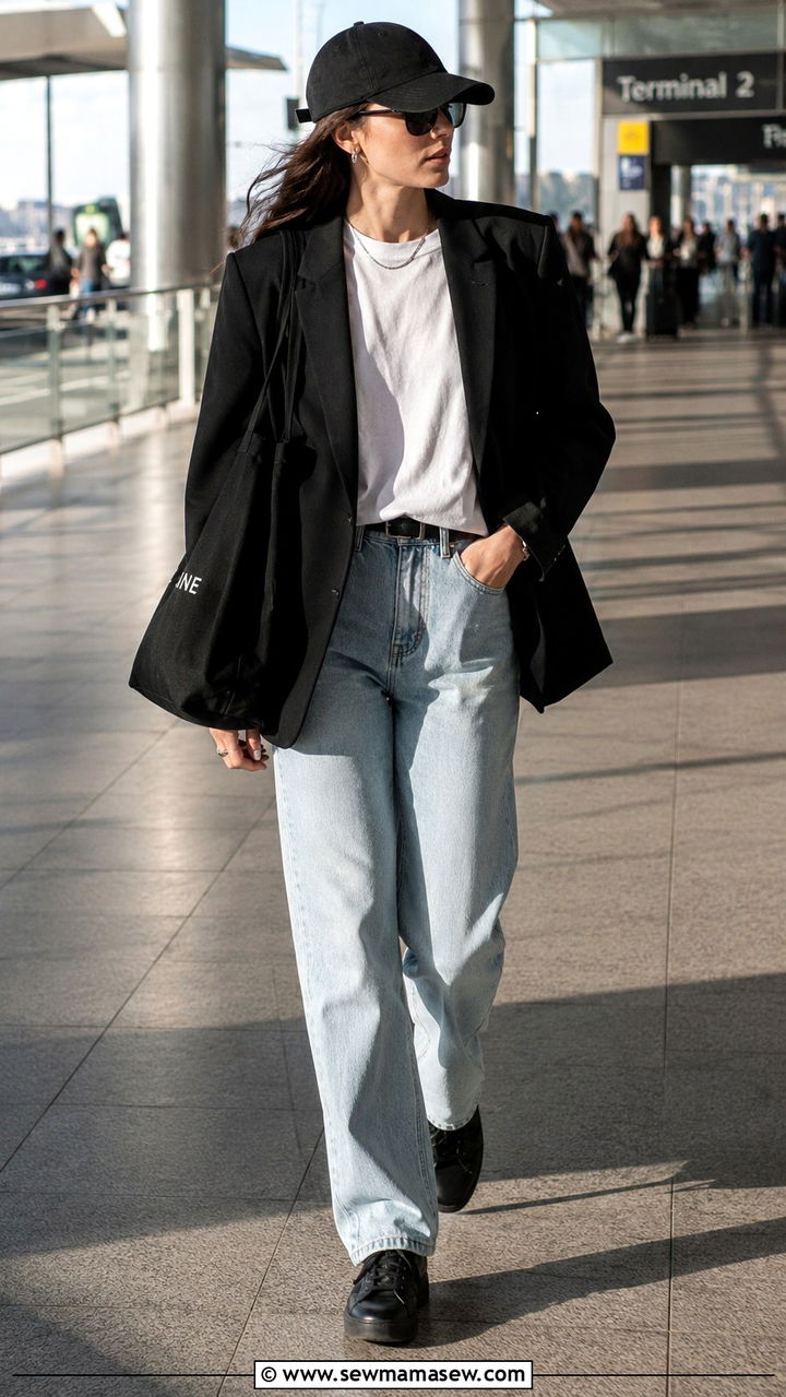 Oversized black blazer with a white tee loose jeans and a baseball cap - 30 Quiet luxury outfit ideas for airport