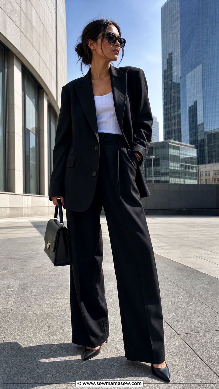Oversized black blazer with wide leg trousers - 30 minimalist outfits for women