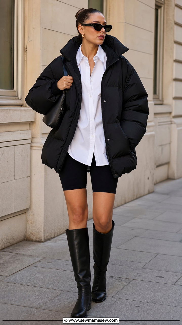 Oversized black puffer jacket with bike shorts and knee high boots - 25 Spring outfits with puffer jacket