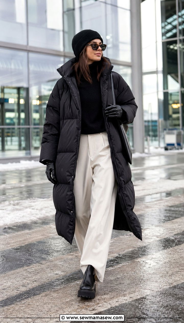 Oversized black puffer with wide leg trousers - 35 Airport outfit ideas quiet luxury