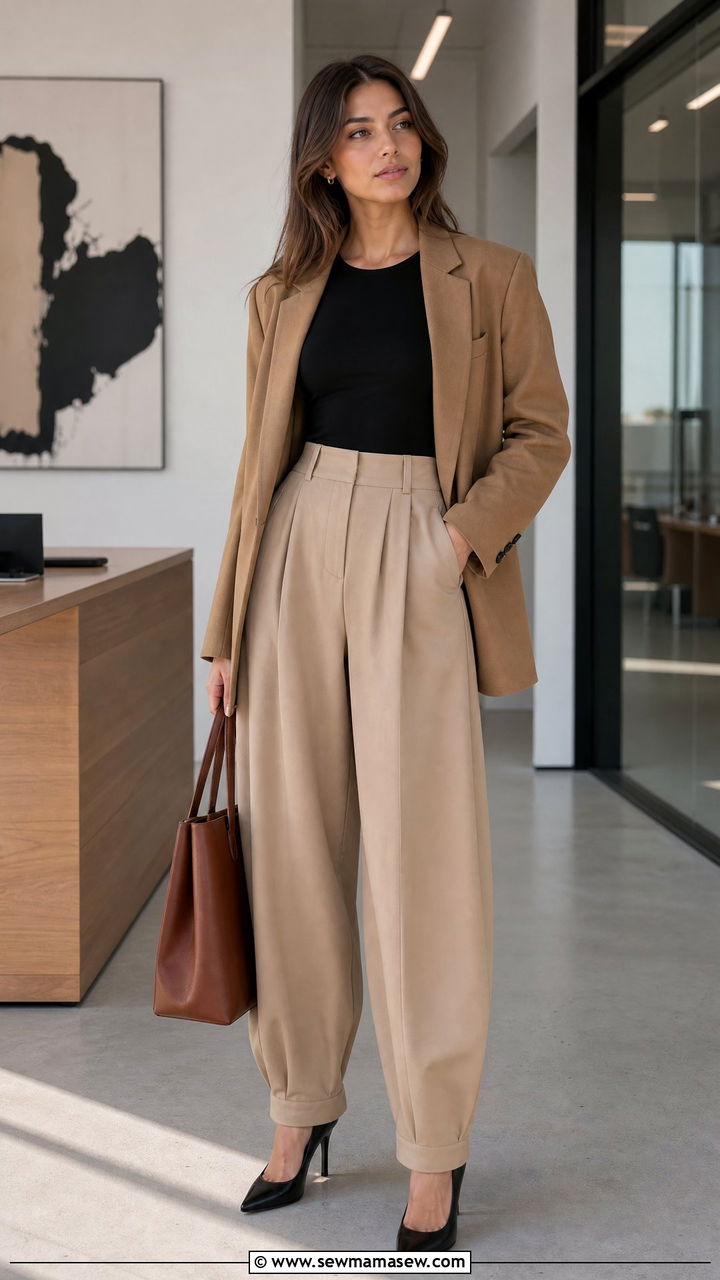 Oversized blazer and pointed heels with balloon trousers for work - 25 how to style balloon pants outfits