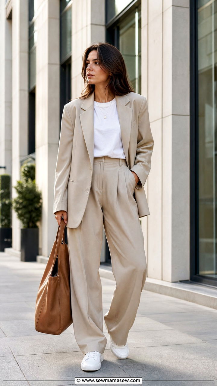 Oversized blazer and trousers with white sneakers - 25 Business casual outfits with flats