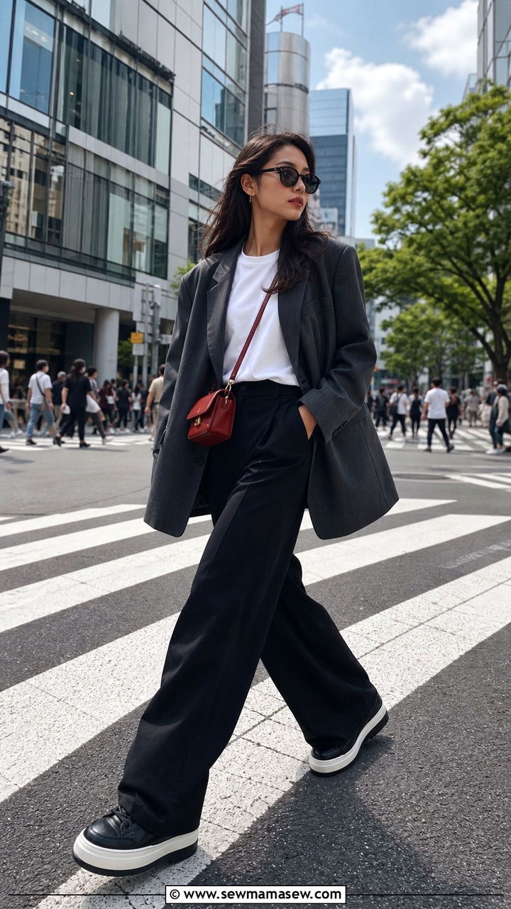 Oversized blazer and wide leg trousers for Tokyo street styling - 40 What to wear in Tokyo