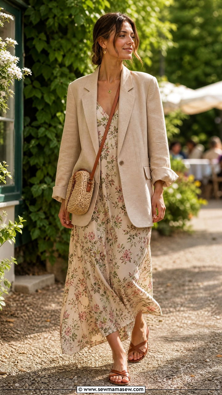 Oversized blazer layered over a maxi dress - 25 chic oversized blazer outfit ideas