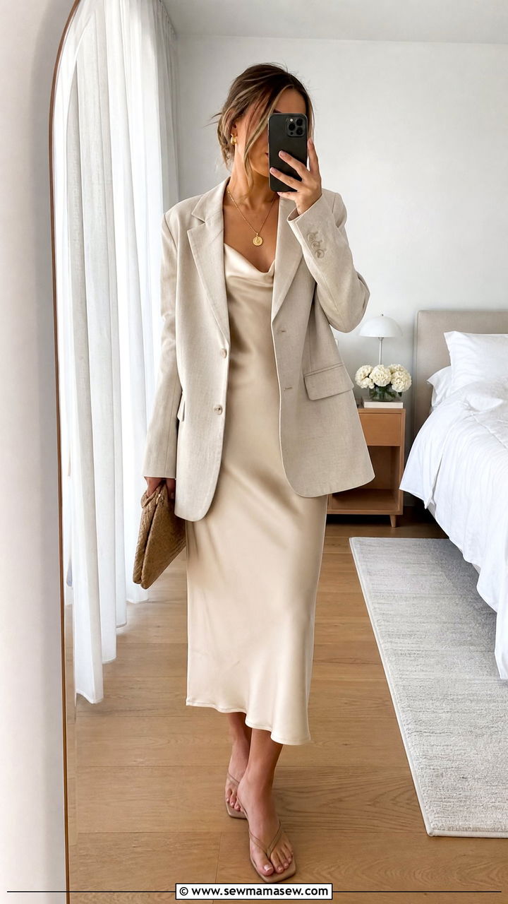 Oversized blazer over slip dress with sandals - 30 summer to fall outfits for women
