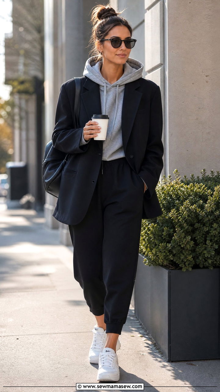 Oversized blazer with a hoodie and joggers - 25 chic oversized blazer outfit ideas