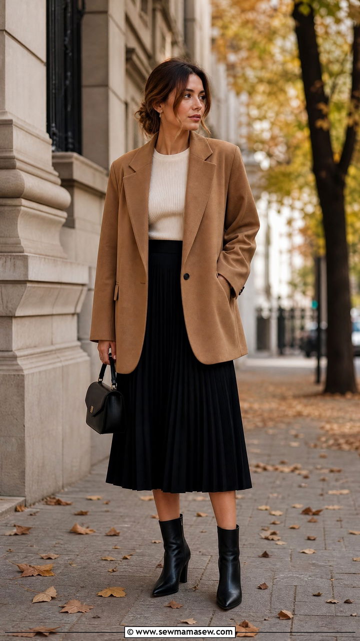 Oversized blazer with a midi skirt and ankle boots - 25 chic oversized blazer outfit ideas
