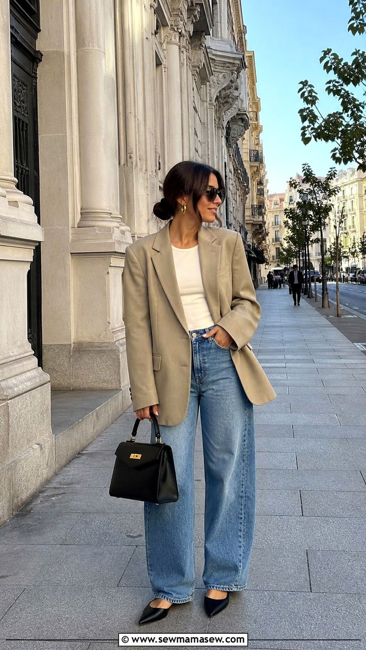 Oversized blazer with barrel leg jeans and pointed flats - 40 What to wear in Madrid