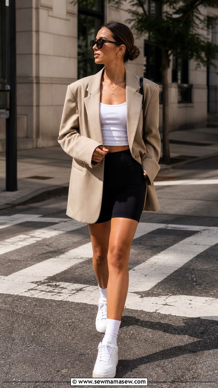 Oversized blazer with biker shorts and crisp white sneakers - 40 spring casual outfit ideas