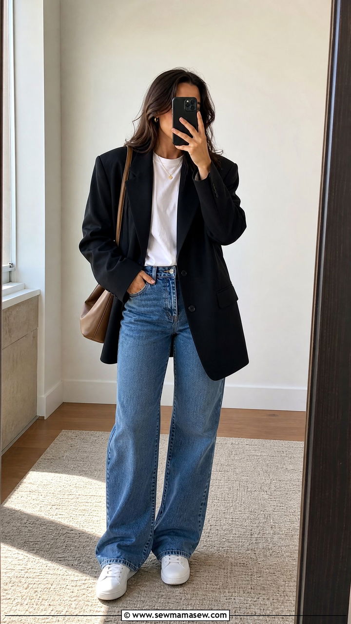 Oversized blazer with blue jeans and a white tee - 25 chic oversized blazer outfit ideas