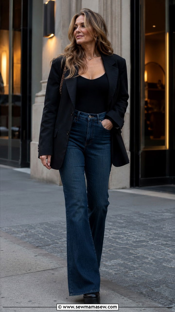 Oversized blazer with bodysuit and flared jeans outfit - 30 oversized blazer outfits for women over 40