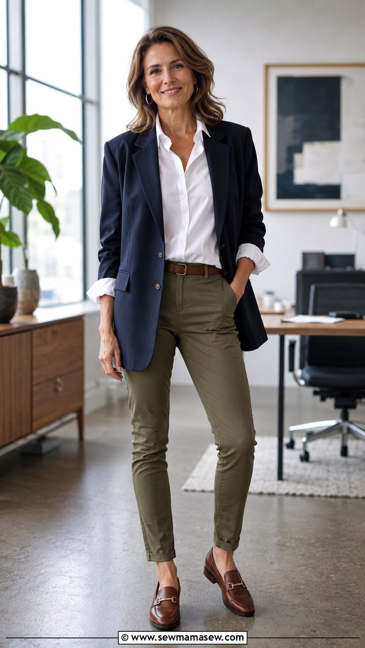 Oversized blazer with button down and slim chinos outfit - 30 oversized blazer outfits for women over 40