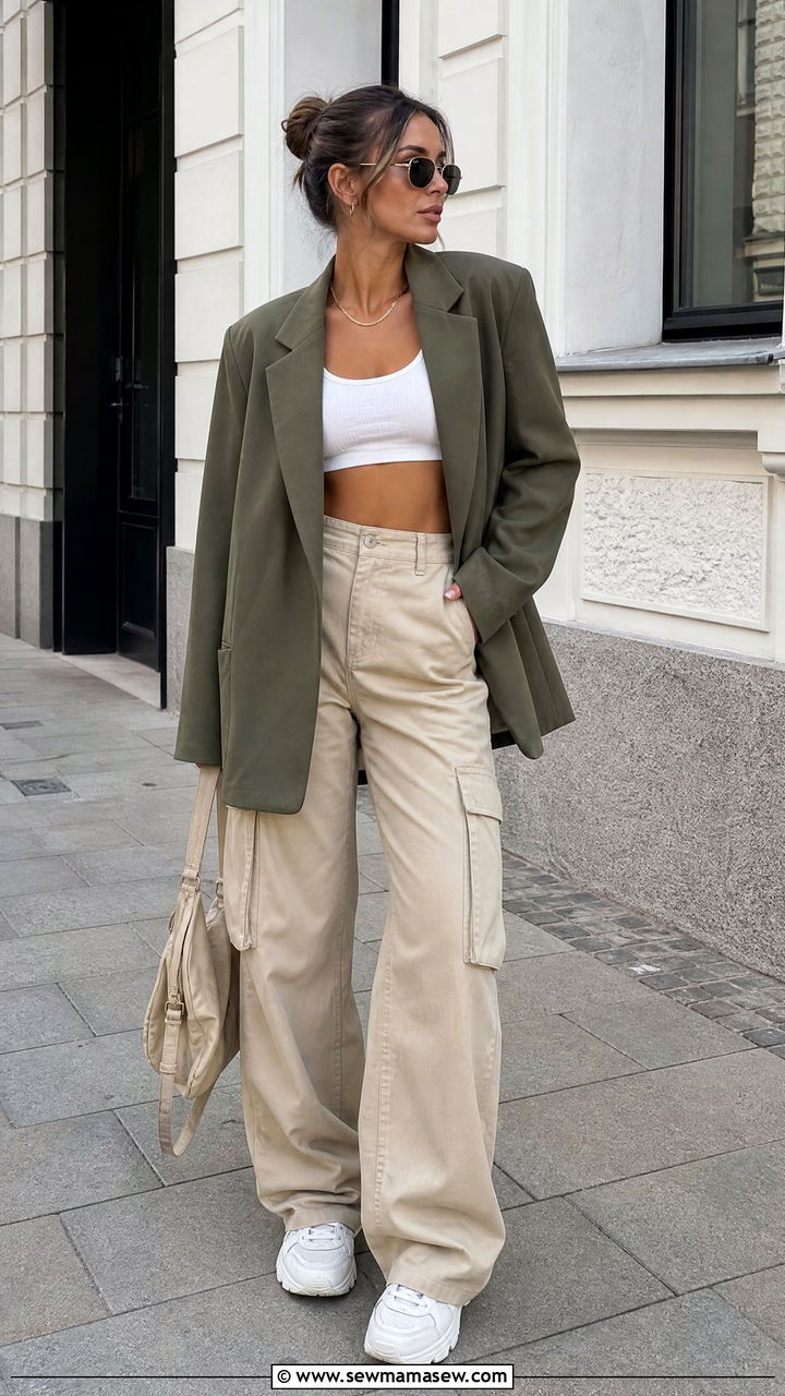 Oversized blazer with cargo pants and a crop top - 25 chic oversized blazer outfit ideas