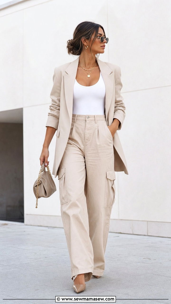 Oversized blazer with cargo pants and heels - 25 spring cargo pants outfit ideas